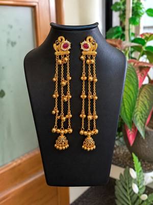 Gold plated peacock motif long kashmiri earrings 3