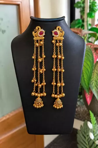 Gold plated peacock motif long kashmiri earrings