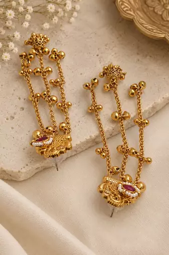 Gold plated peacock motif long kashmiri earrings