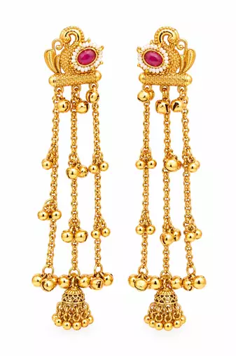 Gold plated peacock motif long kashmiri earrings