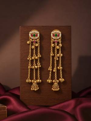 Gold plated lotus motif long kashmiri earrings 1