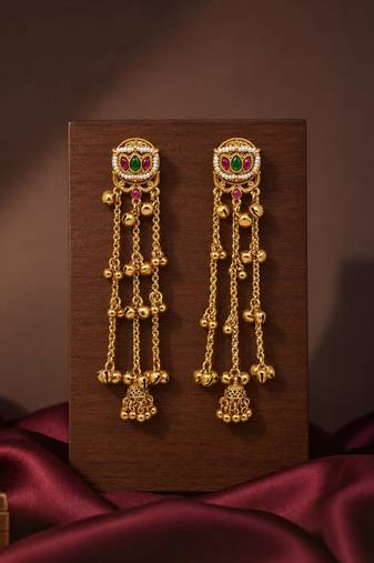 Gold plated lotus motif long kashmiri earrings