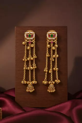 Gold plated lotus motif long kashmiri earrings