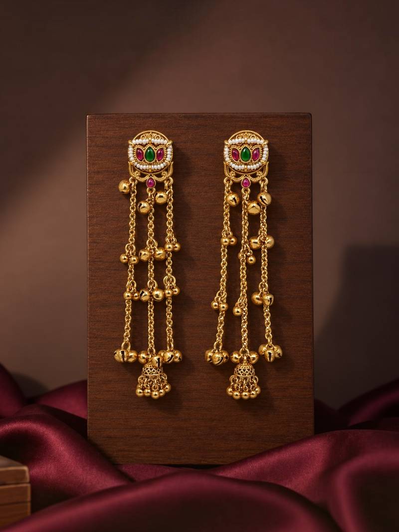 Gold plated lotus motif long kashmiri earrings
