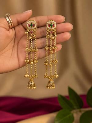 Gold plated lotus motif long kashmiri earrings 2