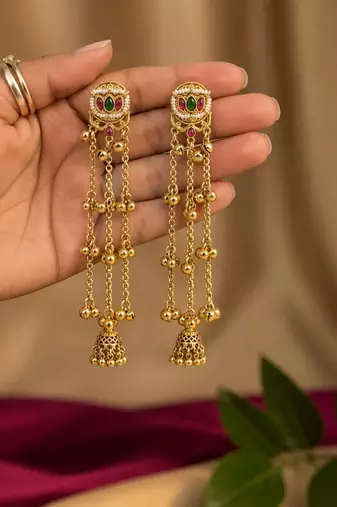 Gold plated lotus motif long kashmiri earrings