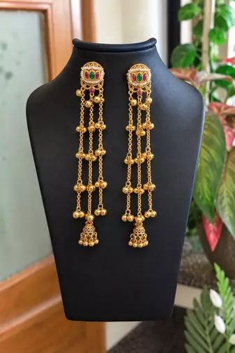 Gold plated lotus motif long kashmiri earrings