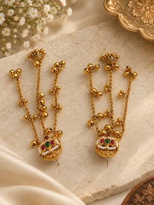 Gold plated lotus motif long kashmiri earrings 4
