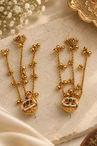 Gold plated lotus motif long kashmiri earrings