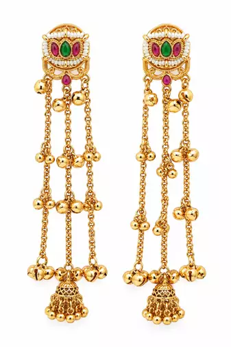 Gold plated lotus motif long kashmiri earrings