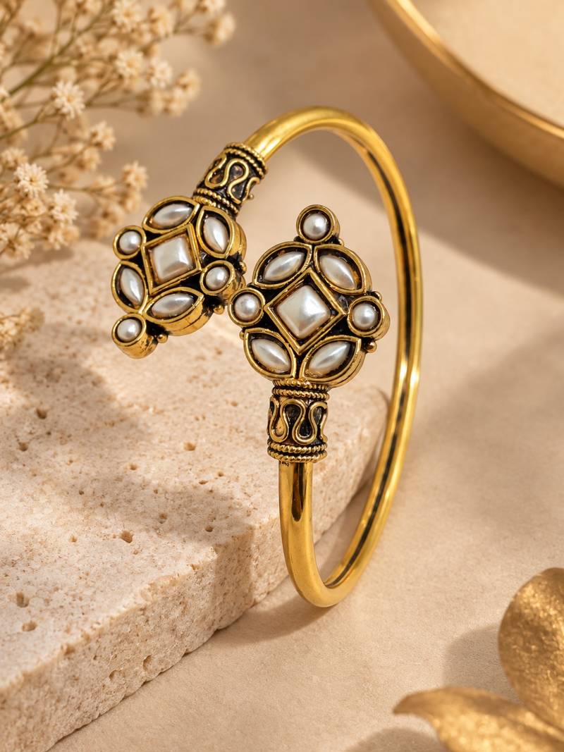 Gold plated geometric white adjustable kada bracelet
