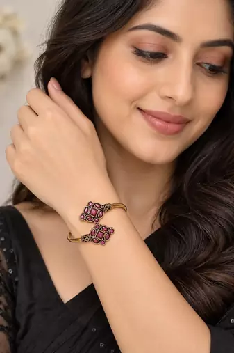 Gold plated geometric wine adjustable kada bracelet