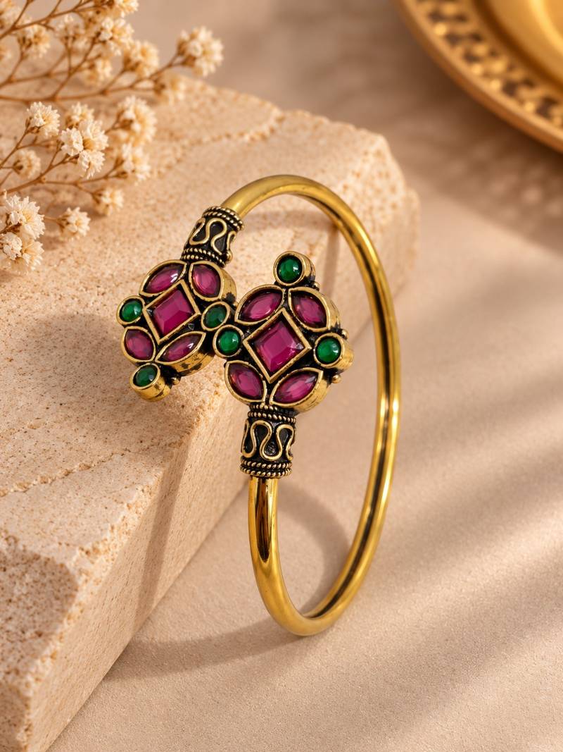 Gold plated geometric red green adjustable kada bracelet