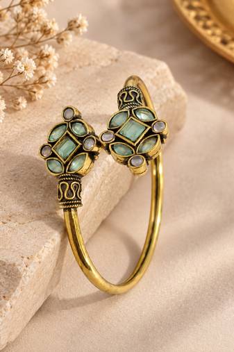 Gold plated geometric pink green adjustable kada bracelet