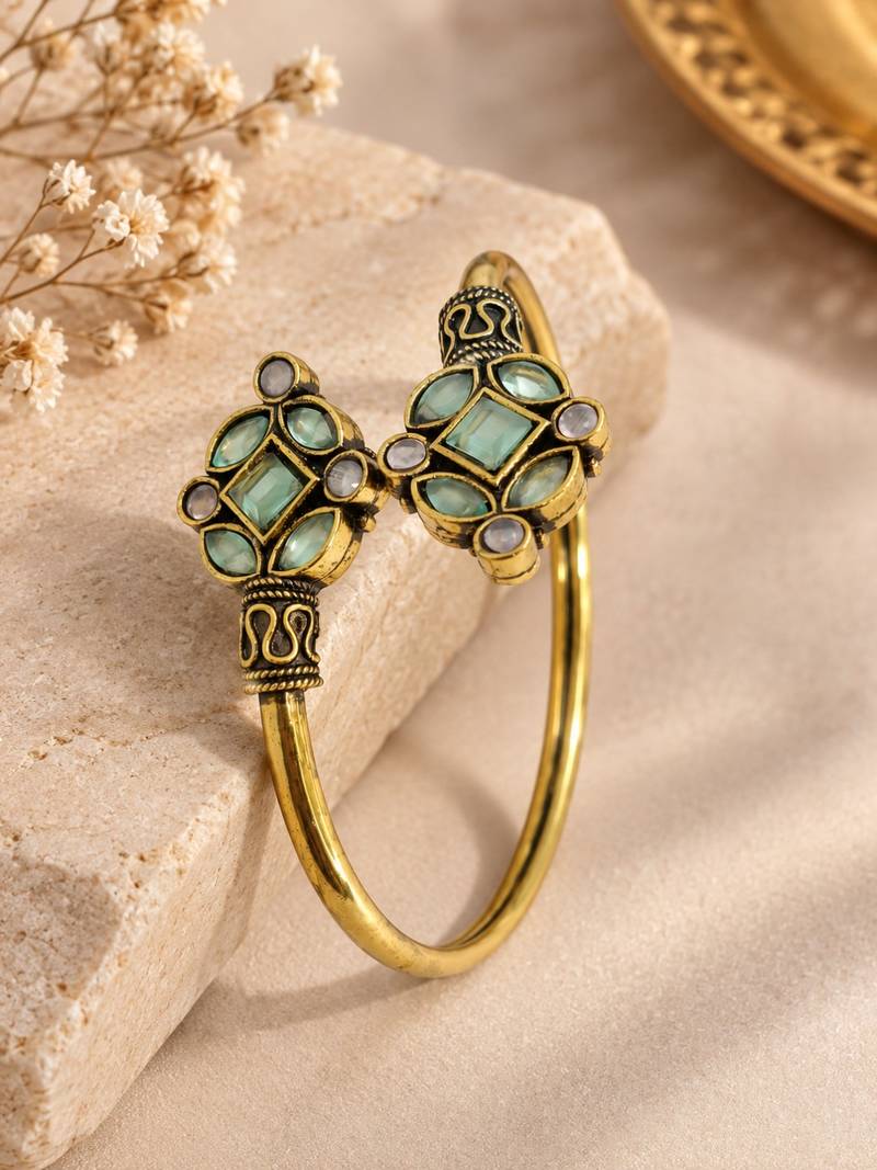 Gold plated geometric pink green adjustable kada bracelet