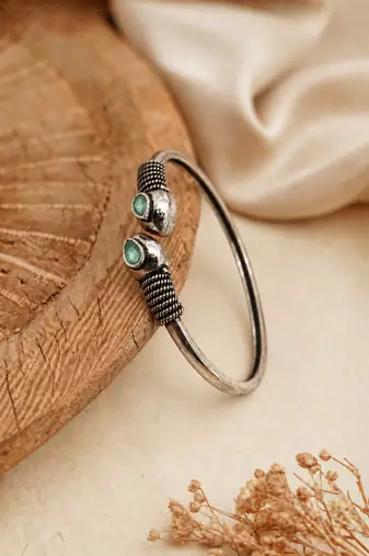 German silver snakehead mint green stone adjustable kada bracelet