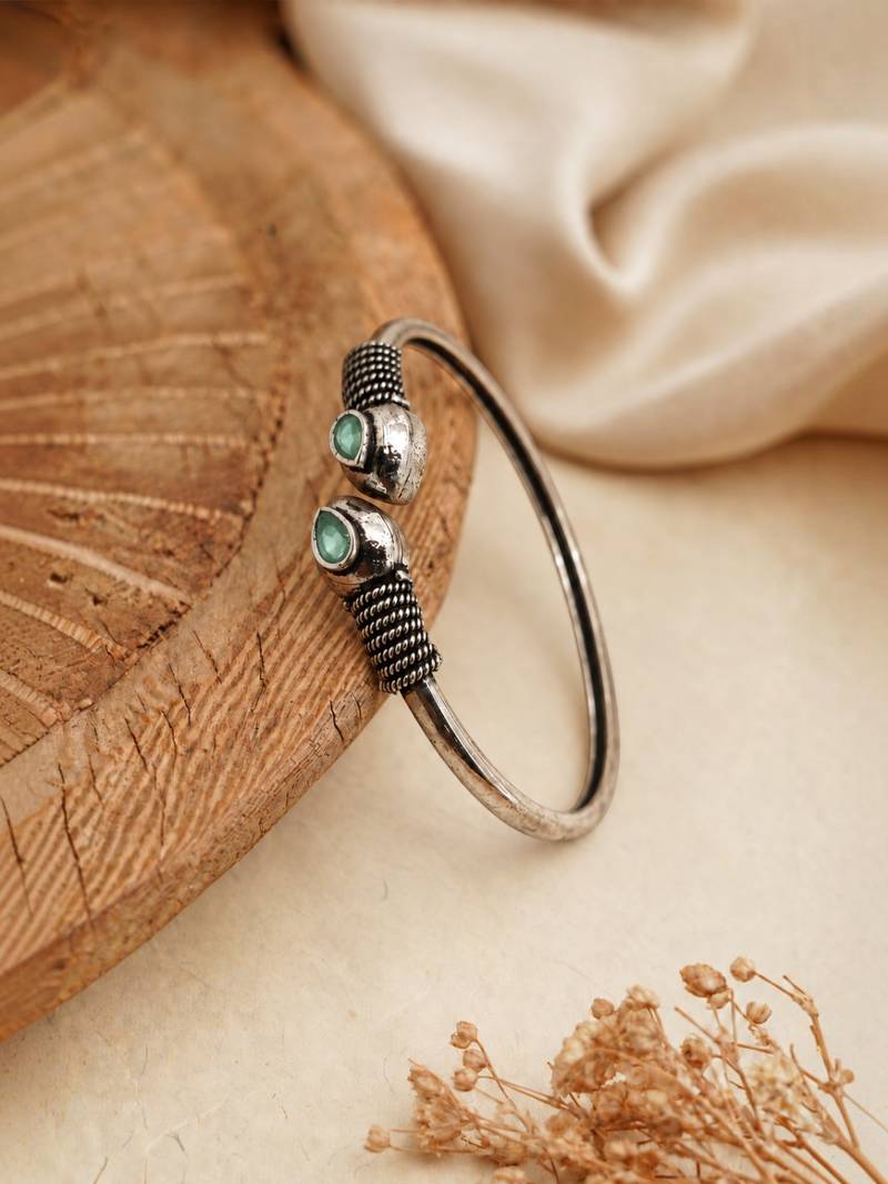 German silver snakehead mint green stone adjustable kada bracelet