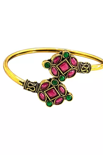 Gold plated geometric red green adjustable kada bracelet