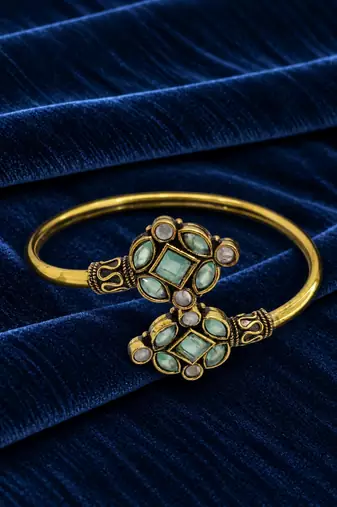 Gold plated geometric pink green adjustable kada bracelet