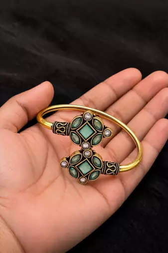 Gold plated geometric pink green adjustable kada bracelet