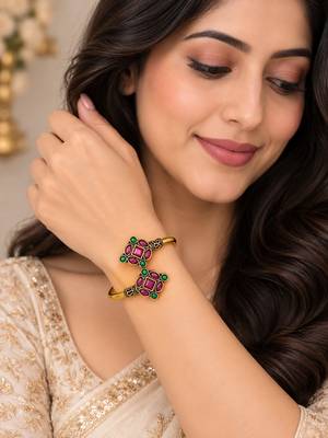 Gold plated geometric red green adjustable kada bracelet 5