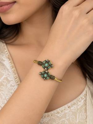 Gold plated geometric pink green adjustable kada bracelet 5