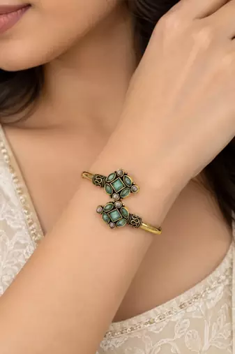 Gold plated geometric pink green adjustable kada bracelet