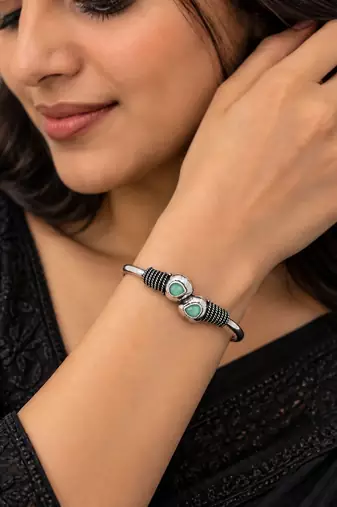 German silver snakehead mint green stone adjustable kada bracelet