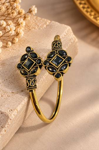 Gold plated geometric black adjustable kada bracelet