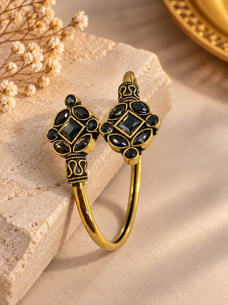 Gold plated geometric black adjustable kada bracelet