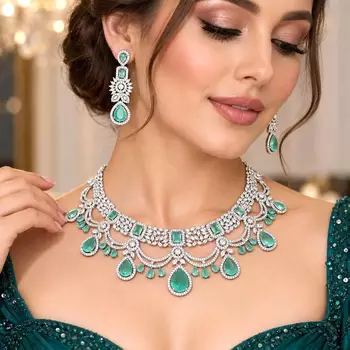 Mint Green CZ Bridal Necklace Set, Indian Wedding Jewelry, Silver Tone Choker & Earrings 1