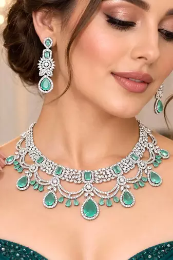 Mint Green CZ Bridal Necklace Set, Indian Wedding Jewelry, Silver Tone Choker & Earrings