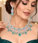 Mint Green CZ Bridal Necklace Set, Indian Wedding Jewelry, Silver Tone Choker & Earrings