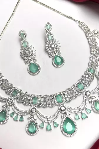 Mint Green CZ Bridal Necklace Set, Indian Wedding Jewelry, Silver Tone Choker & Earrings