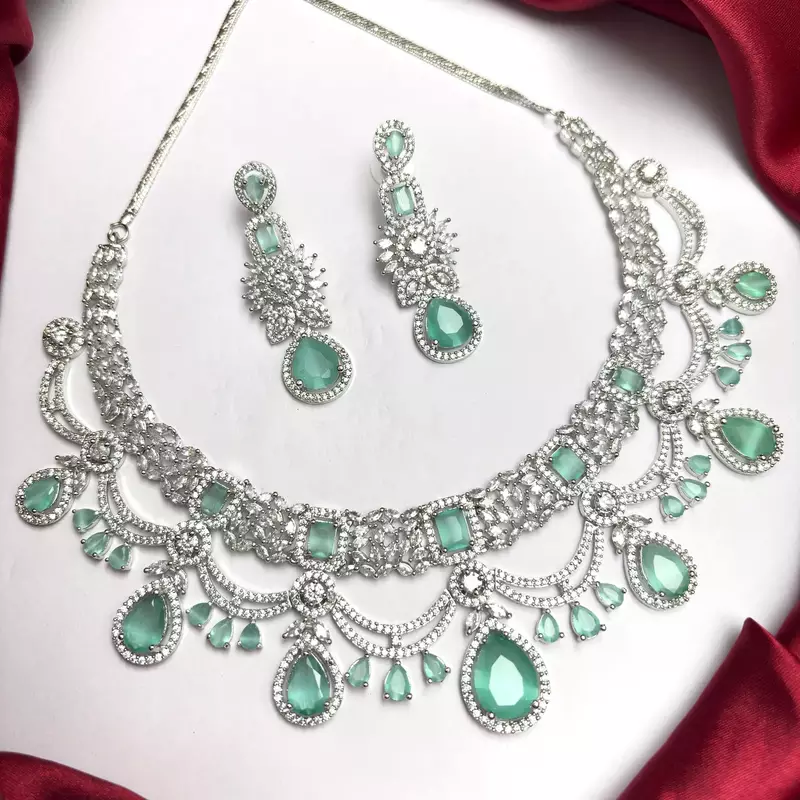 Mint Green CZ Bridal Necklace Set, Indian Wedding Jewelry, Silver Tone Choker & Earrings