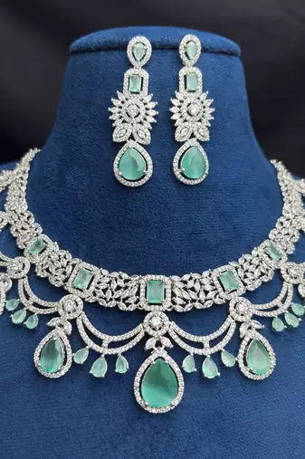 Mint Green CZ Bridal Necklace Set, Indian Wedding Jewelry, Silver Tone Choker & Earrings