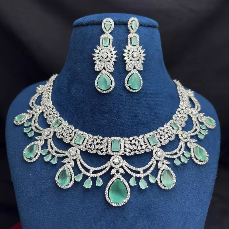 Mint Green CZ Bridal Necklace Set, Indian Wedding Jewelry, Silver Tone Choker & Earrings