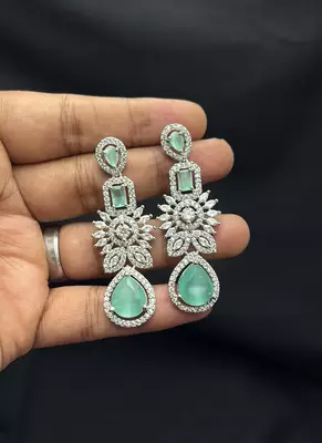 Mint Green CZ Bridal Necklace Set, Indian Wedding Jewelry, Silver Tone Choker & Earrings 4