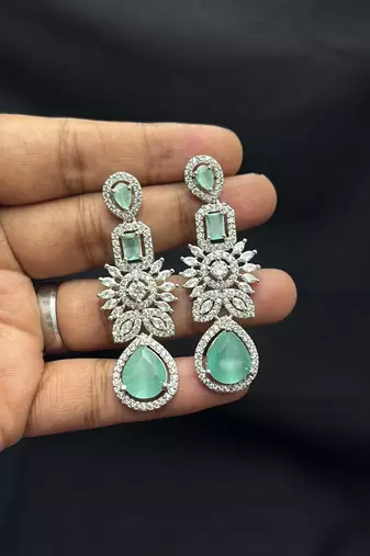 Mint Green CZ Bridal Necklace Set, Indian Wedding Jewelry, Silver Tone Choker & Earrings
