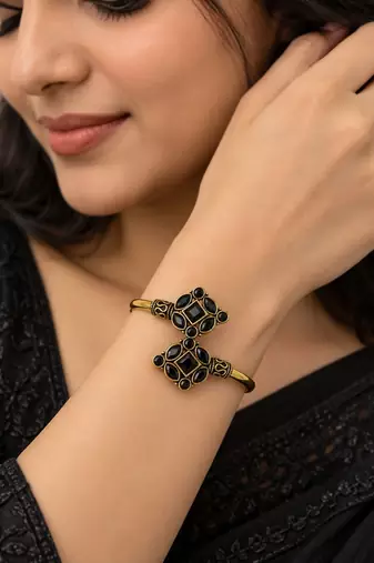 Gold plated geometric black adjustable kada bracelet