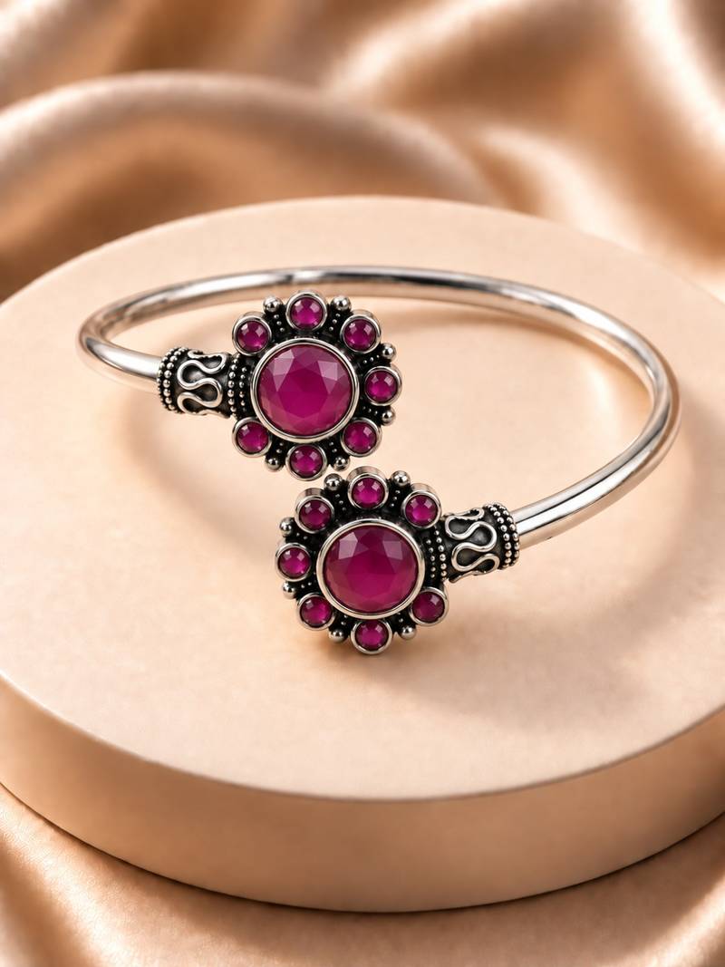 German silver oxidized floral motif wine kada bracelet