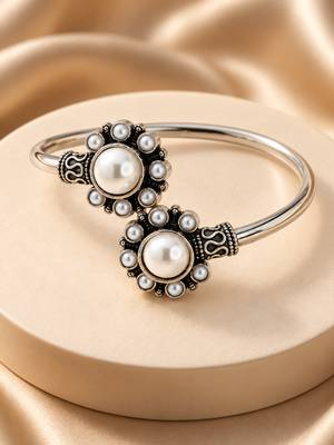 German silver oxidized floral motif white kada bracelet 1