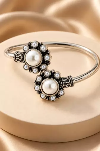 German silver oxidized floral motif white kada bracelet