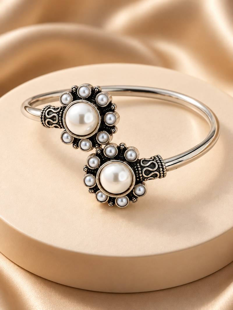 German silver oxidized floral motif white kada bracelet