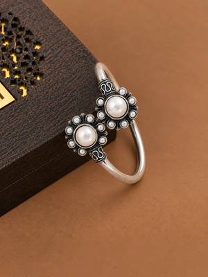 German silver oxidized floral motif white kada bracelet 2