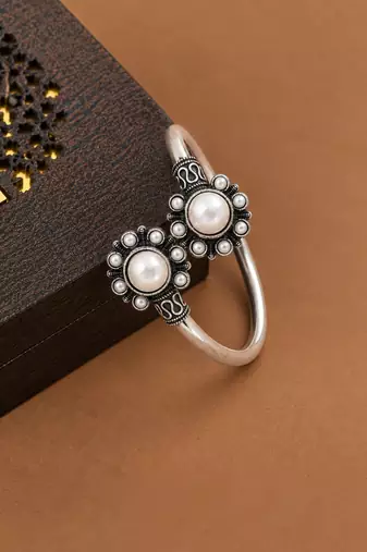 German silver oxidized floral motif white kada bracelet