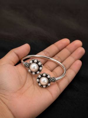 German silver oxidized floral motif white kada bracelet 3