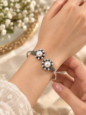 German silver oxidized floral motif white kada bracelet 5