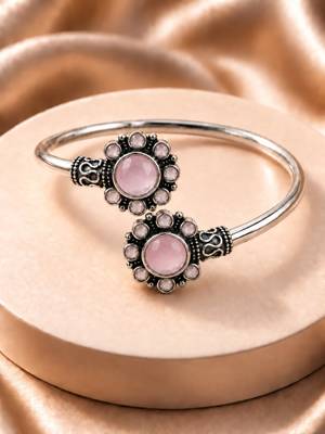 German silver oxidized floral motif pink kada bracelet 1