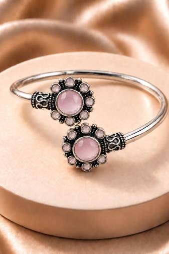 German silver oxidized floral motif pink kada bracelet